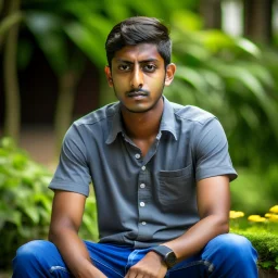 an 24 year old indian man, oval face, tanned skin, wearing shirt and jeans, sitting in a garden, peaceful, front face portrait, short hair, muscular and fit