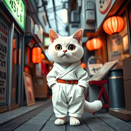 A Japanese back street interior shot by an anthropomorphic cute little white exotic shorthair cat wearing white loose pants, Bōsōzoku style clothes, and big round eyes.