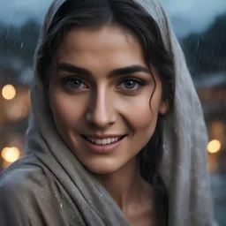 Hyper Realistic close-up-face-view of Beautiful-Happy-Pashto-Woman-with-beautiful-eyes whirling across the streets of her village riverside at heavy-rainy-night with dramatic-&-cinematic-ambiance