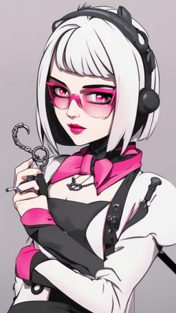 A close picture to blind cute vampire with white and pink short hair, slave, Tusks, malicious smile, Handcuffs, Weapon handcuffs in Stop-motion animation model with dynamic art style witg