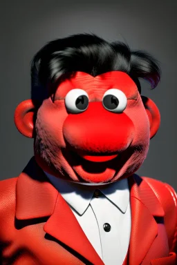 Waist up muppet Portrait, Kim Jong-un muppet doll, black suit, photo studio, red background, unreal engine 5, concept art, art station, god lights, ray tracing, RTX, lumen lighting, ultra detail, volumetric lighting, 3d.