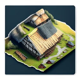 aerial view digital artwork of a Scandinavian longhouse as a sticker