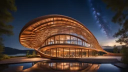 Inspirador y hermoso edificio ultramoderno de madera entretejido basado en formas de parábola, hélice y espiral, con grandes ventanales, arquitectura artística e increíble, ubicación rural, noche, estrellas, luz de luna, luciérnagas, montañas distantes, lago, luz natural suave y perfecta, extremadamente detallada. fotografía galardonada, hermosa composición, 16k, HDR, alta calidad, enfoque nítido, fotografía de estudio, obra maestra, Gaudí, Shigeru Ban