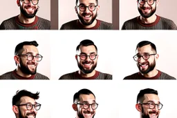 Wide photo arrangement featuring 6 frames of a character named 'Milk khaki'. he has tight, high ponytail. In each frame, he maintains consistent features but showcases different expressions, such as joyful, angry, sad, playful, worried, etc. Each frame is uniformly sized and evenly spaced for hassle-free cropping