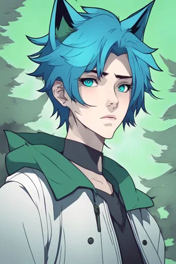 Androgynous character with short and messy Electric blue hair and wolf ears. Blue eye, green eye. bored, aloof, Japanese background, RWBY animation style