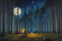 Peter Doig, neo raugh stlye painting on the canvas, Anselm Kiefer, Salvador Dalí, a young .a strange moonlit forest where dreams come true, which evokes a landscape, magicale landscape, Arthur Streeton style . A man and a woman camping setting around a fire and a small tents in the back