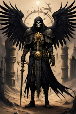 older skeleton, angry, dressing a long black, dirty and old tunique, dirty hood, long old and dirty sleeves, big dirty black bird style wings, black old and dirty armor, golden neck lace, big key and sand clock, hells gate behind, darkness, dusty.