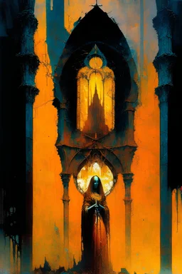 Decrepit ruined church with beautiful priestess holding a golden blood chalice in front of broken stained glass in orange smoke beksinski