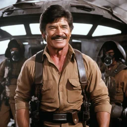 [in the spaceship] Charles Bronson smiles, ready to fight, in dust, rust and blood, his body is covered with cartridge belts