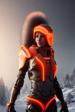 full body portrait of a beautiful girl, wearing glowing orange armor, futuristic armor, natural posture, nice smile, snowy mountain background, snow, fur cloak