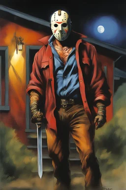 in the dead of night the bright moon shines down on a giant, extremely colorful Jason Voorhees standing outside the home of his next victim, a vibrant, extremely colorful, multicolored, watercolor stained wall in the background, in the art style of Boris Vallejo, Frank Frazetta, Julie bell, Caravaggio, Rembrandt, Michelangelo, Picasso, Gilbert Stuart, Neal Adams, Jim Lee, Sanjulian, Thomas Kinkade, Jim Lee, Alex Ross, Dorian Vallejo, Stan Lee, Norman Rockwell - Absolute Reality v16,