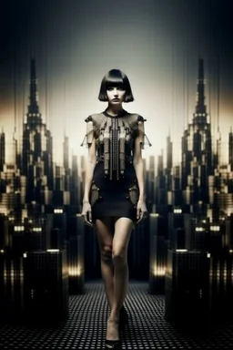 full body picture of a skinny woman with a bob, a fringe black hairstyle, 1920s flapper clothing, futuristic city background