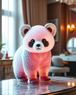 Generate image: Generate image: Generate image: A macro 3D render of a cute, lovely wooly panda entirely of translucent, glossy,colored jelly material. it is standing on table in a luxury bedroom next to makeup desk,subsurface scattering and gelatinous texture . High-quality CGI, octane render, 8k resolution, whimsical, adorable, clean composition., in the style of Portraits, in the style of Portraits, 4:3