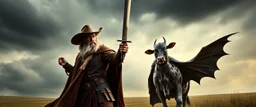 Gandalf cowboy vs Batman as a cow, movie poster