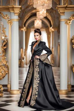 Walk Fashion show beautiful woman modeling using jacket in baroque black style