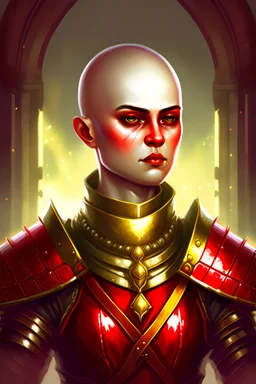 Portrait, fantasy setting, 22-year old female cleric, shaved head , wearing armour and a beaded red necklace