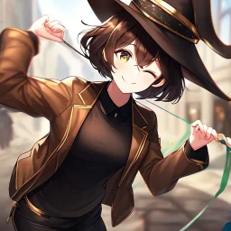 Clear focus, High resolution, short brown spiky hair, hair between eyes, eyes closed, wearing a brown detective hat, wearing a brown jacket and a black shirt, wearing black shorts, 1girl, pulling at down, smiling