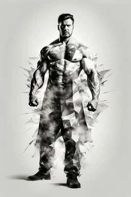 a strong man standing and the great power looks directly to the camera with white background full in Abstract style