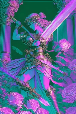 [vaporwave] Without a moment's hesitation, Agatha, wielding her sword adorned with carved flowers, seized the opportunity. With a swift and precise movement, she struck beneath the tyrant's shoulder, piercing through his defenses and driving him to his knees.