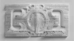 futuristic, realistic, mayan lettering on white matte metal plate