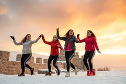 a group of Turkish young ladys in sports pants and blouse winter jacket are dancing in Babak Castle in Iran west north ,cloudy sun set sky,snowy environment