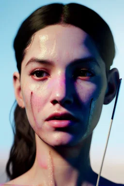 Ultra Realistic image, Rosalía artist, natural body ,portrait, normal complexion, portrait, clean skin, two bows, little chopsticks hair , black eye long line, sweet face, torn t-shirt, led jewelry, fog, vibrant color, highly detailed, art stations, concept art, smooth, unreal engine 5, god rays, ray tracing, RTX, lumen lighting, ultra detail, volumetric lighting, 3d.