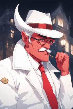 An old male crimson red demon wearing a white police comisioner outfit, he is also wearing glasses, he has a white scruffy mustache, and a small black fedora.