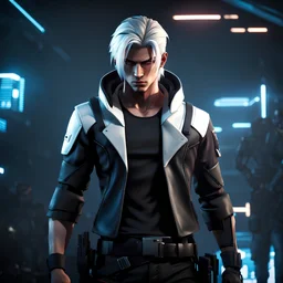 Attractive young male survivor, white shoulder length hair, dark and mysterious, intense and focused, cyberpunk background, anime style, video game character, unreal engine, trending artstation, trending deviantart
