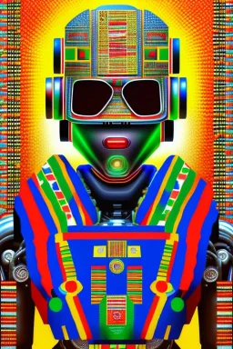 robot portrait in Kente, cinematic, ghana flag, african pattern symbols, engraved, 8k quality