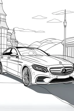 Outline art, no shading, full Mercedes on the road, cartoon style, thick lines, low details, --ar 9:11
