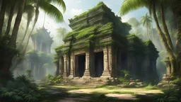 храм камбоджи в джунглях пальмы скалы лианы двор сад из камней руины фэнтези арт