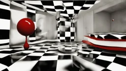 A captivating and surreal portrait of a room corner, featuring a checkered floor and green and white walls. A red and white striped hollow ring hovers in the air, defying gravity, while a reflective sphere with a checkerboard pattern floats nearby. A mysterious black object lies on the floor, casting an intriguing shadow. In the background, a wooden table with a vase of fresh flowers sits beside a potted plant, adding a touch of natural beauty to the scene. The light source from the ceiling cast