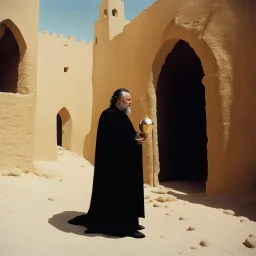 Archival color photograph of Orson Welles finding the Holy Grail in a middle eastern monestary