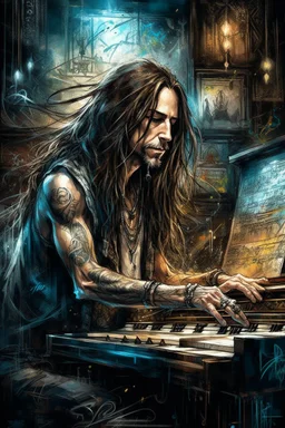 A ultra realistic poster of a rock and roll tattooed long hair guy playing the piano , having word sign as “street art ”, by Daniel Castan Carne Griffiths Andreas Lie Russ Mills Leonid Afremov, black background, fine lines draw, smile, standing in the temple