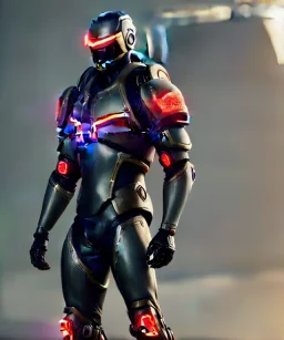 cyber ninja, black metal armor, futuristic suit, imperious, 8k resolution, overwatch, genji, color, vibrant, visor, sword