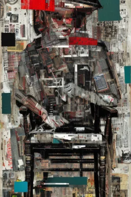 Ultra detailed medium portrait painting of a man, sitting bended over on a chair, looking down with hands in his hair, giving up, broken, dark and abstract background,torn up collage of clippings, broken circuitry background, matrix effects, punk visual art, punk art aesthetic, graffiti art, pop surrealism, collage art, cluttered paint glitches