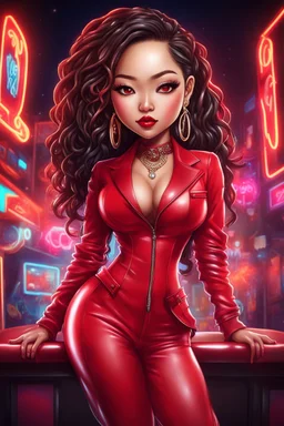 Create a digital airbrush chibi cartoon of an asian curvy female wearing a red leather suit with red heels. Prominent make up with brown eyes. Highly detail black shiny locs that flow down her back. Extra-long diamond hoop earrings and jewelry. Background of a night club with neon signs.