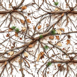 detailed Real Tree Camouflage made of sticks, twigs, dried leaves, pine branches, snow and dirt, white background, seamless repeatable texture pattern imitating a natural forest background