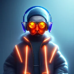 Bird toddler, smile, cyberpunk headphone, sunglass, gangsta neckless, full body, orange puffer jacket, tokio background, dramatic lighting, hyper realistic, unreal engine 5, 16k