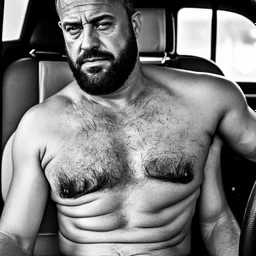 full body shot photography of an Italian sicilian taxi driver burly ugly sitting in the taxi, chubby tired 45 years old driving shirtless, bullneck, thin gold chains, short beard, sweat, short hair, bulge, robust, manly chest, looking down, big shoulders,, photorealistic, side light, ambient occlusion, tired eyes. 35mm lens, internal view inside the Taxi