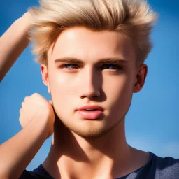 masterpiece, best quality, beautiful boy, blond flutter hair, highly detailed body, sun light, 4K, RAW, depth of field, high contrast, realistic details, 150mm