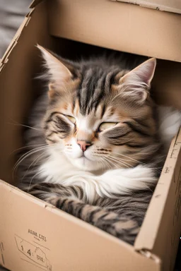 A cat sleeping peacefully in an old cardboard box