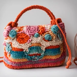 A close-up photograph of a crocheted children's handbag, meticulously crafted with vibrant yarn, showcasing intricate patterns and textures. The bag hangs gracefully from a wooden hook against a soft, neutral background. Canon EF 50mm f/1.8 STM lens at ƒ/4, ISO 200, 1/60s