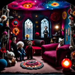 Detailed people, creepy living-room made of felt, naïve, vintage toys, sun, splops, puppets, volumetric light, flowers, naïve, Tim Burton, strong texture, orero dream, extreme detail, Max Ernst, decal, rich moody colors, sparkles, Harry Potter, bokeh, odd, 33mm photography, tiltshift