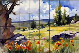 Sunny day, clouds, flowers, rocks, trees, distant mountains, spring, sci-fi, fantasy, john singer sargent watercolor paintings