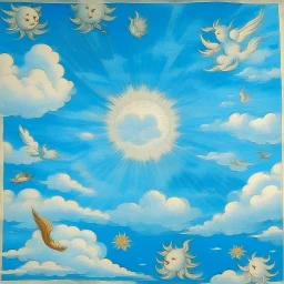 A palish light blue heavenly skies designed in Scandinavian folk art painted by Albrecht Durer