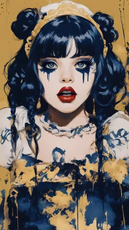 Poster in two gradually, a one side malevolent goth vampire girl face and other side the Singer Melanie Martinez face, painting by Yoji Shinkawa, darkblue and gold tones,