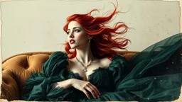 mixed media, multiple exposure, old worn torn plain canvas, grunge, layered, embossed, fine art luminous soft watercolor, glitter, mid-ground, luminosity, highlights, gold fragments, light effects, dark grey-green fragments, dot technique, portrait of Victorian Gothic woman on SOFA, Red hair, light Red lips, fluffiness, wind, airy dark GREEN flowing dress, Fur, swirls, layered, blending, textured, 3D, 8K, best quality, fine rendering, high detail, hyperrealism, high resolution, high definition,