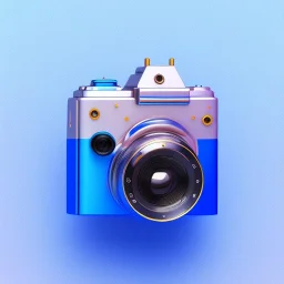 Tiny cute isometric metallic retro dslr camera, soft smooth lighting, with soft colors, 100mm lens, 3d octane render, cinema4d, trending on polycount, modular constructivism, blue background, physically based rendering, centered.