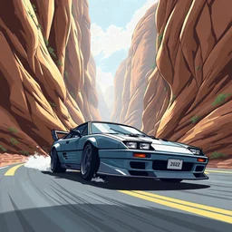 japan car mark 2 drifting down the canyon, cartoon scene